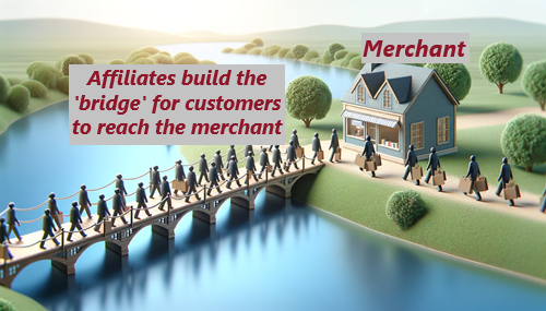 An image of a shop on a river bank and a bridge with customers crossing the bridge to get to the shop. The bridge represents the affiliate providing a way for merchants to connect with new customers 