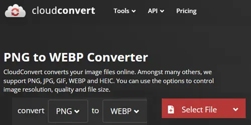 A screenshot of the Cloud Convert platform showing where users can select their picture file for conversion to WebP