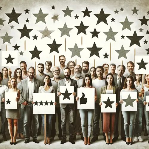 A group of people holding placards  of different numbers of stars to represent customer reviews