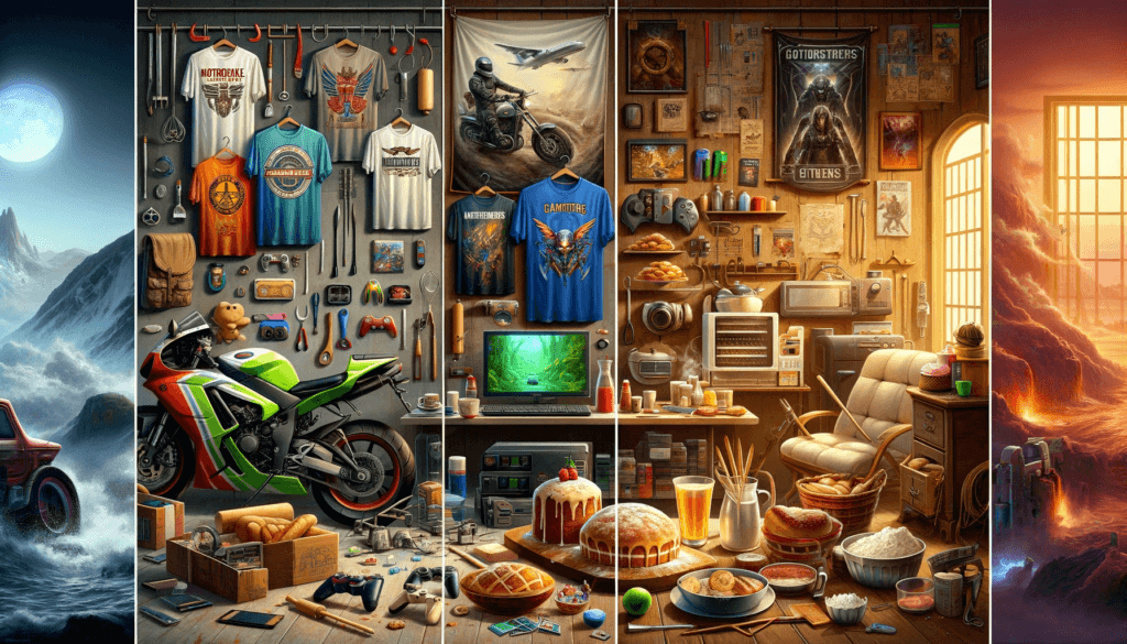 An image illustrating the niches of motorbike t-shirts, baking and gaming