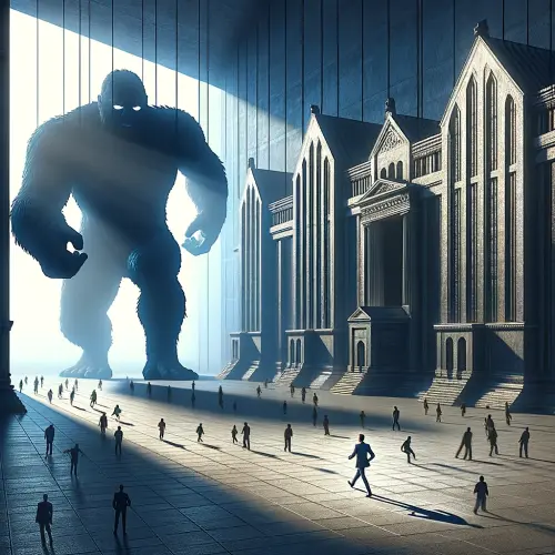 A giant figure casting a shadow over a walkway outside a museum, with smaller, more agile figures, moving into their own spaces of light