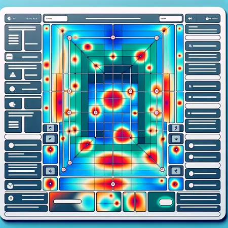 An image showing an imaginary webpage with areas of the webpage coloured from blue towards red indicating where users interacted with the webpage from the least to the most.