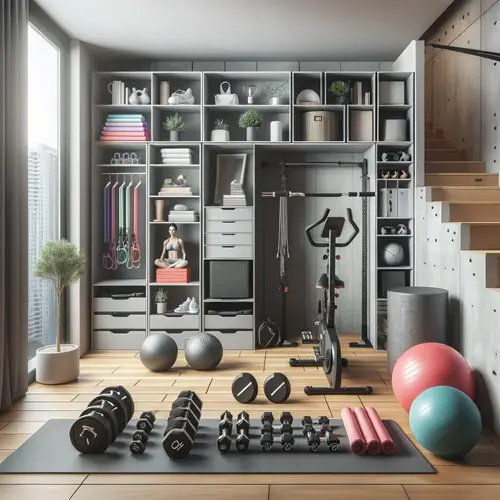 Assorted gym equipment in a domestic setting