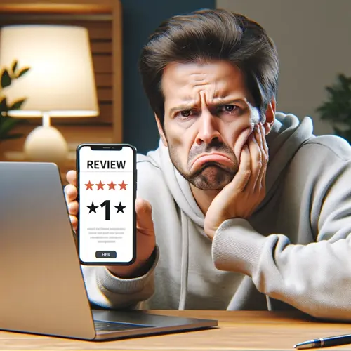 A man with a sad face holding a phone showing an online one star review