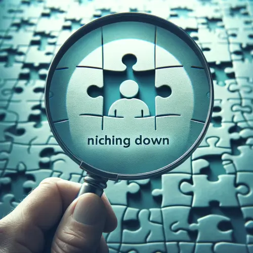 A magnifying glass being held by a hand looking at a large jigsaw. Within the magnifying glass lens are the words niching down and a picture of a person inside a jigsaw window representing the smaller sub-niche