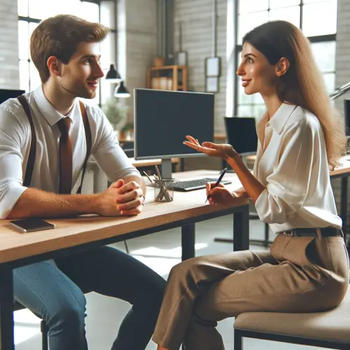 An office scene showing two colleagues, Jack and Emma, having a conversation