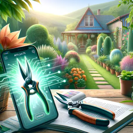 An image showing garden shears on a phone on an affiliate marketing review website. Along side there are actual purchased shears. A garden scene is in the background