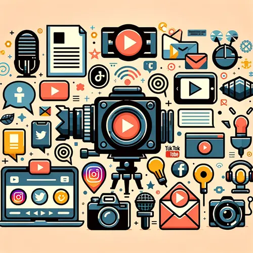 An image with microphones, social media icons, email logos, laptop and cameras to illustrate the rich diversity of ways to produce content