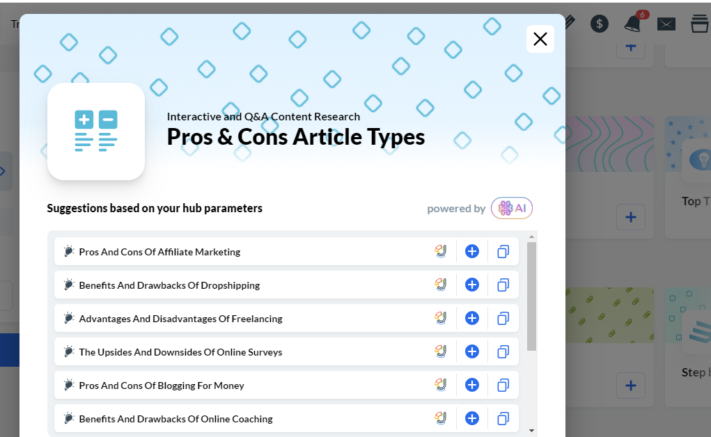 An image showing the actual content ideas generated for a sample niche from within Wealthy Affiliates Hubs Module