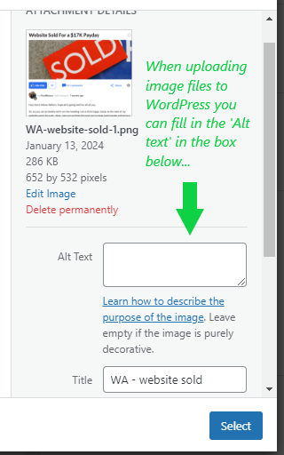 An image showing the location of the Alt text box when uploading images to WordPress