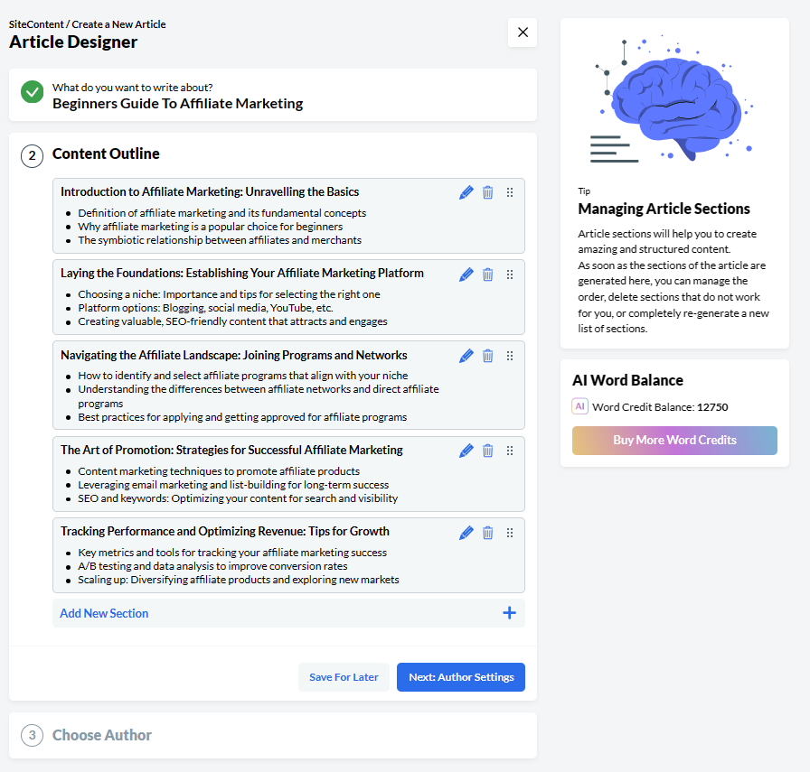 The second step in WA's AI article designer showing the AI suggested topics and headings for the article, all of which can be edited if required