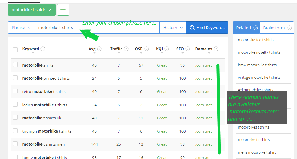 An image of the results page of the keyword tool Jaaxy that is being used to find suitable suggestions for a domain name